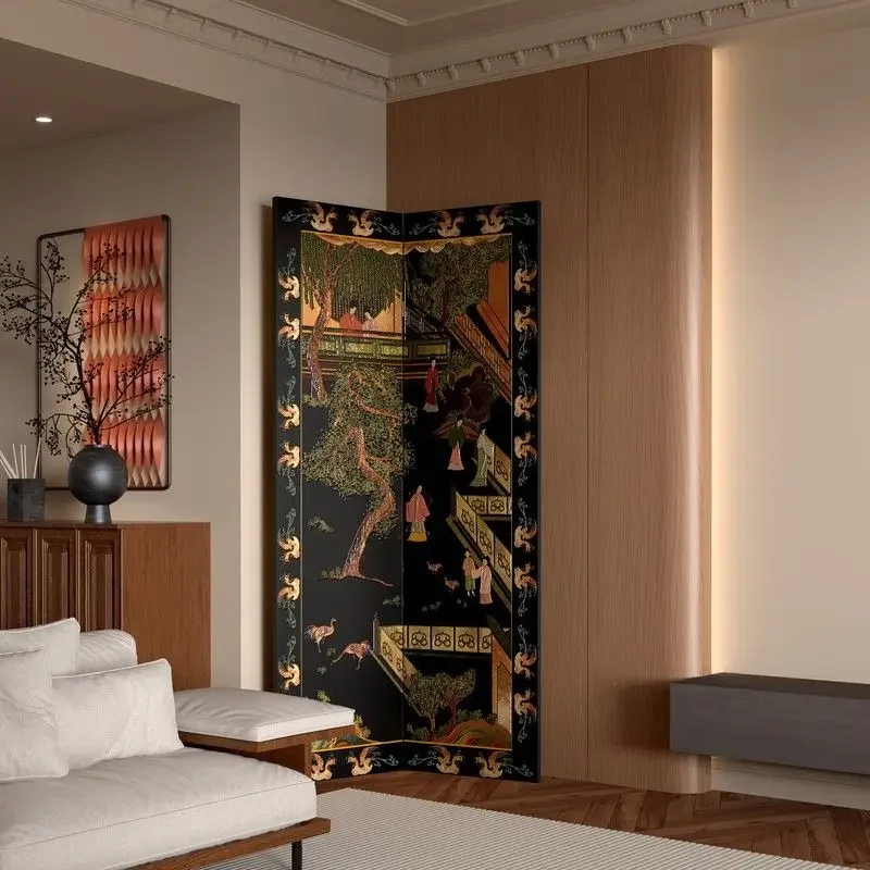 Lacquer painting screen foldable mobile partition wall board wabi-sabi mid-ancient style solid wood lacquer painting