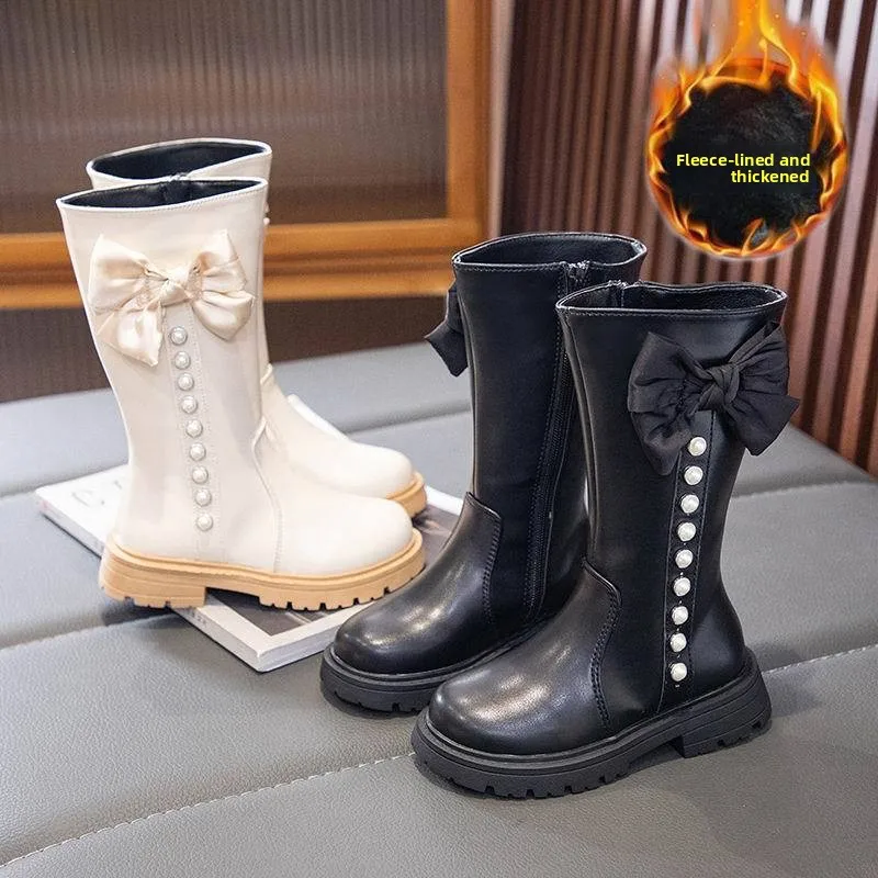 Girls Fashion Boots 3-18 Years Old Bow Bow Padded Girls Cotton Shoes Autumn Winter Beige Soft Non-slip Children's Leather Boots