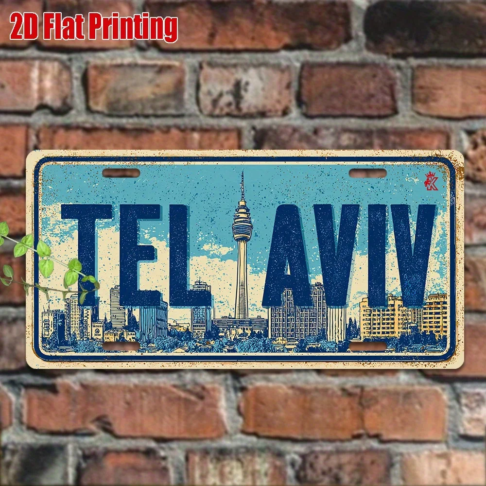 2D Flat Printing, 1pc, Vintage Metal Sign, for Decorationg Only, Outdoor Wall Art, TEL AVIV Aluminum Sign, Vehicle Decor, Hom