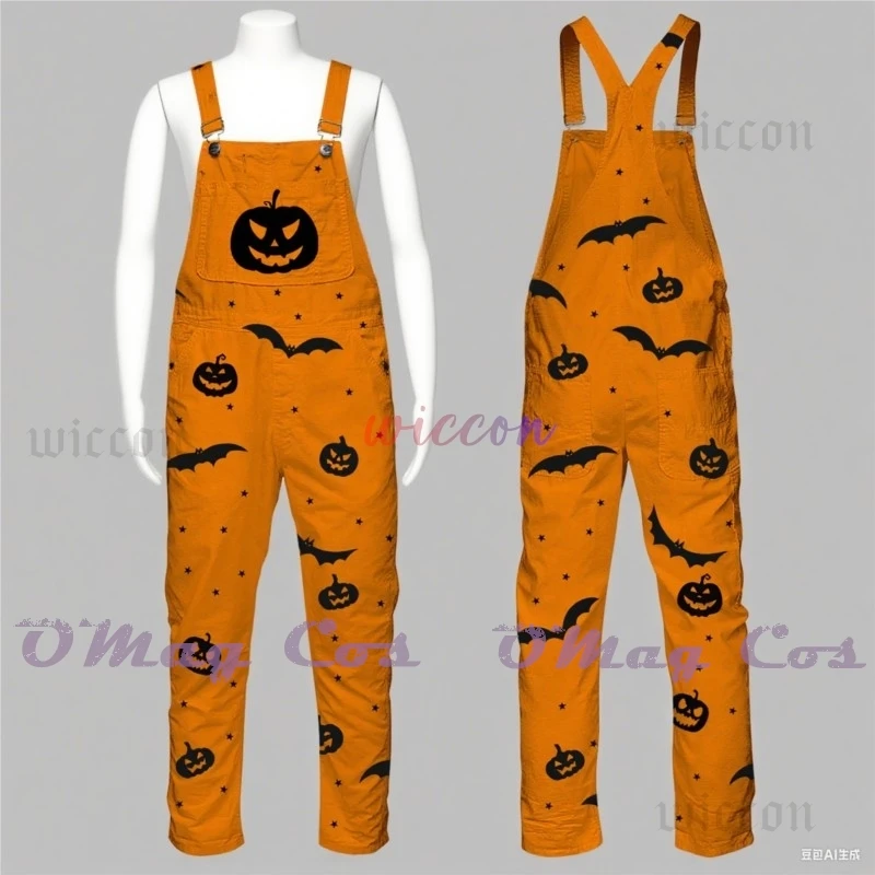 

Halloween Unisex Cosplay Overalls Purple Orange Pumpkin Bat Print Casual Loose Suspender Pants