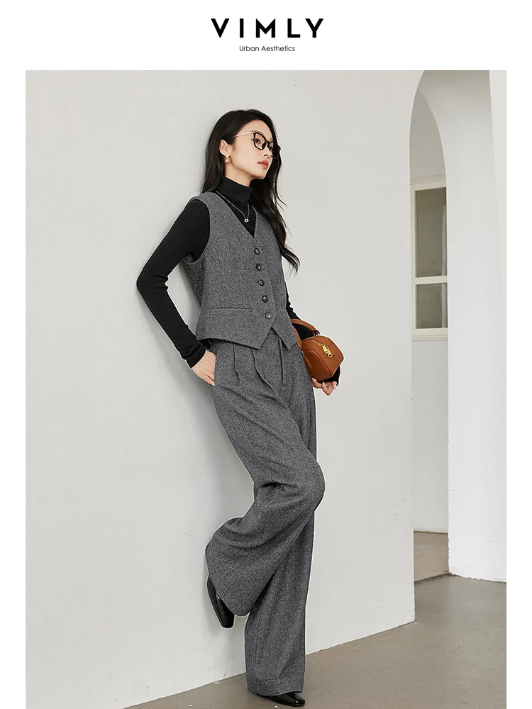 VIMLY Lady Simple 2Piece Blazer Pants Suit Work Office Outfit Fall Winter Elegant Waistcoat Straight Wide Leg Pants MatchingSet