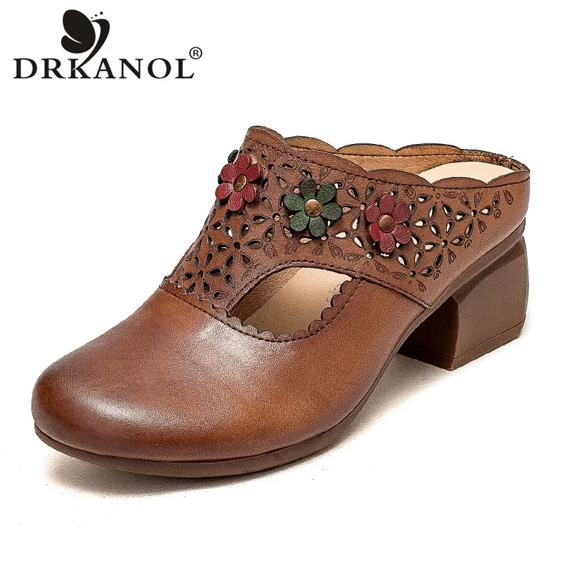 

DRKANOL Ethnic Style Women High Heel Slipper Summer Slip On Slingback Shoes Genuine Leather Flowers Outside Thick Heel Slides