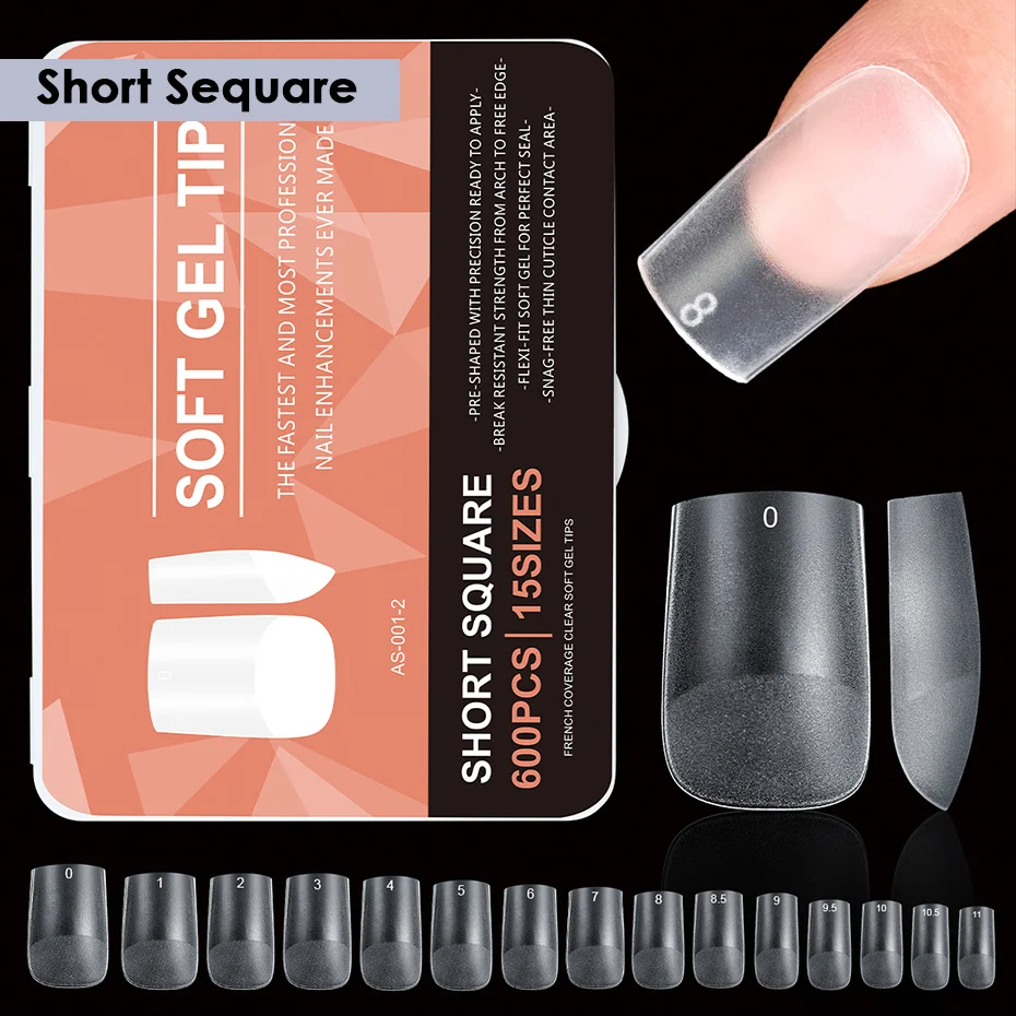 600 PCS Matte กดบนเล็บเคล็ดลับเล็บปลอม 15 ขนาดอะคริลิคสั้นสแควร์ Soak Off GEL เคล็ดลับเล็บปลอมสําหรับ DIY Salon