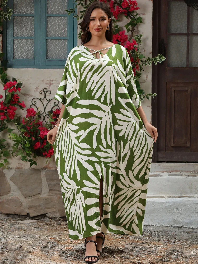 

Printing Bamboo Cotton Large Size Kaftan Arabic Dress Homewear Summer Fashion Outdoor Daily Wear Floral Dress V-neck Midi Abaya
