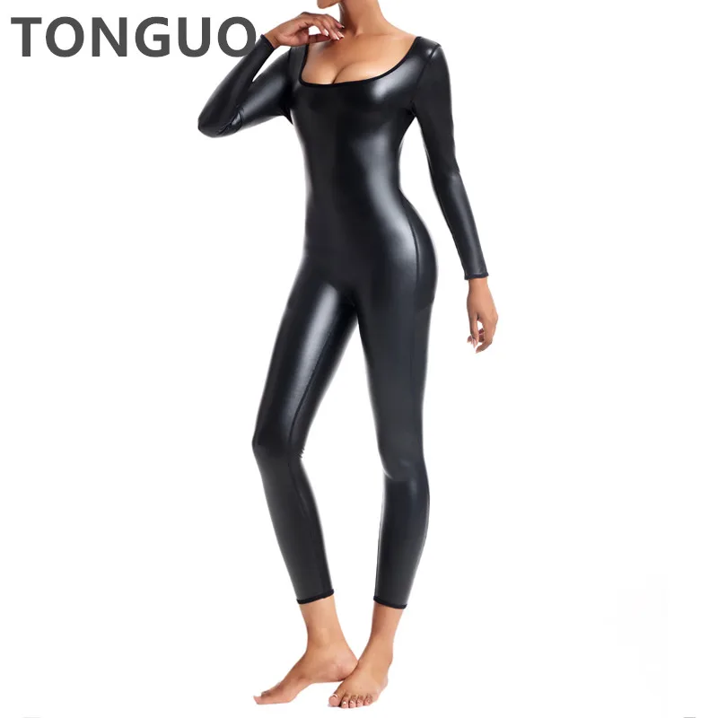 Womens Long Sleeves Leather Bodysuit Shapewear Body Shaper Tummy Control Slimming Leggings Thigh Slimmer Abdomen Shapers Corsets