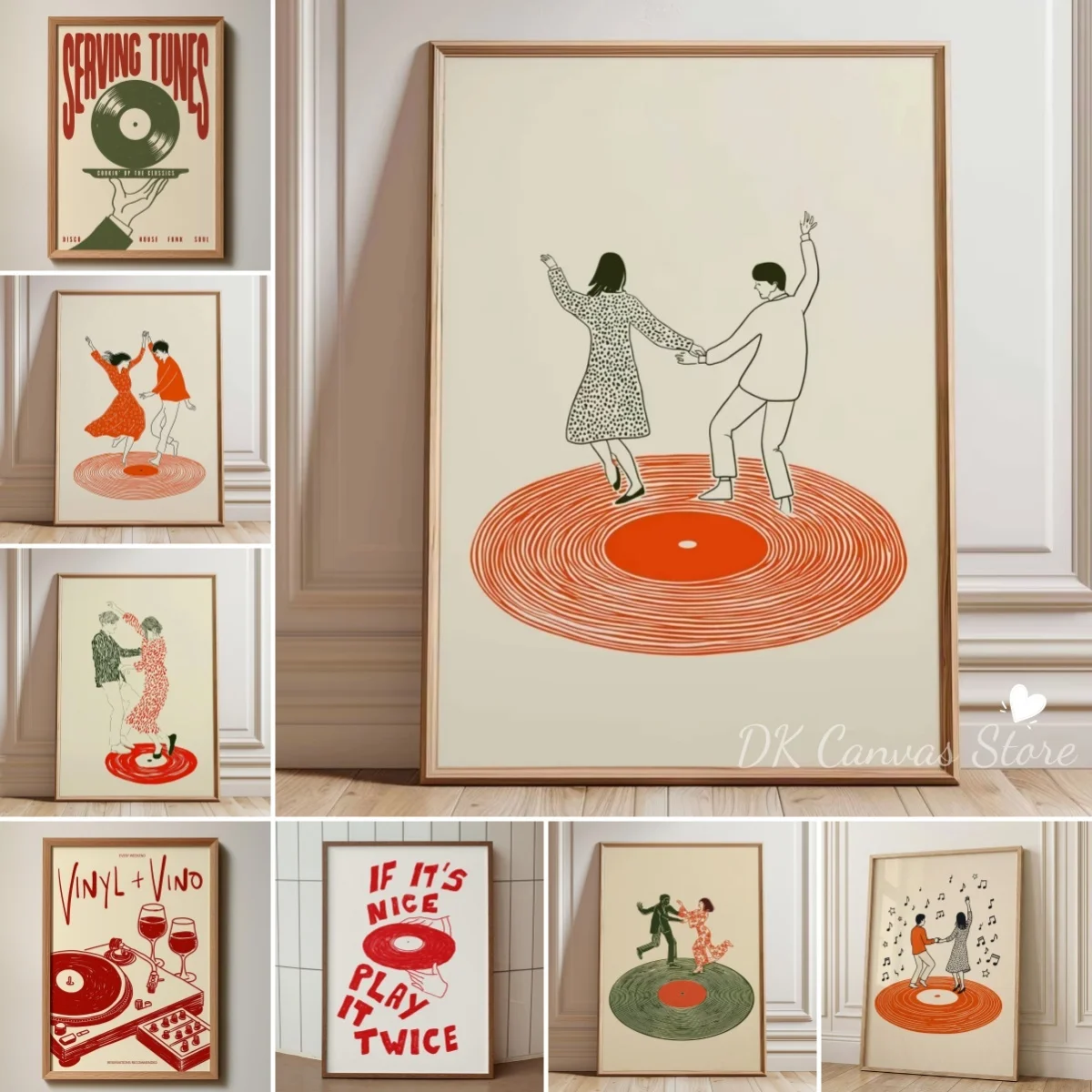 Affiche imprimée sur toile pour Couple dansant, tourne-disque rétro, Illustration inspirée de la musique moderne, imprimés artistiques, décoration de maison pour la saint-valentin