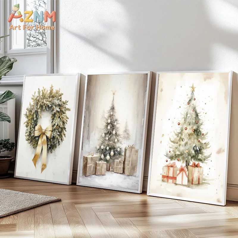 Vintage Winter Christmas Tree Oil Painting Posters and Prints Canvas Printing Wall Art Picture for Living Room Home Decoration