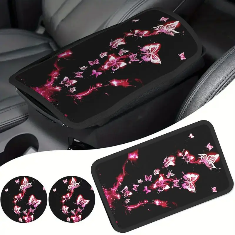 3pcs Black Background Pink Butterflies Armrest Cup Holder Set Car Interior Additions And Decorations for Men And Women