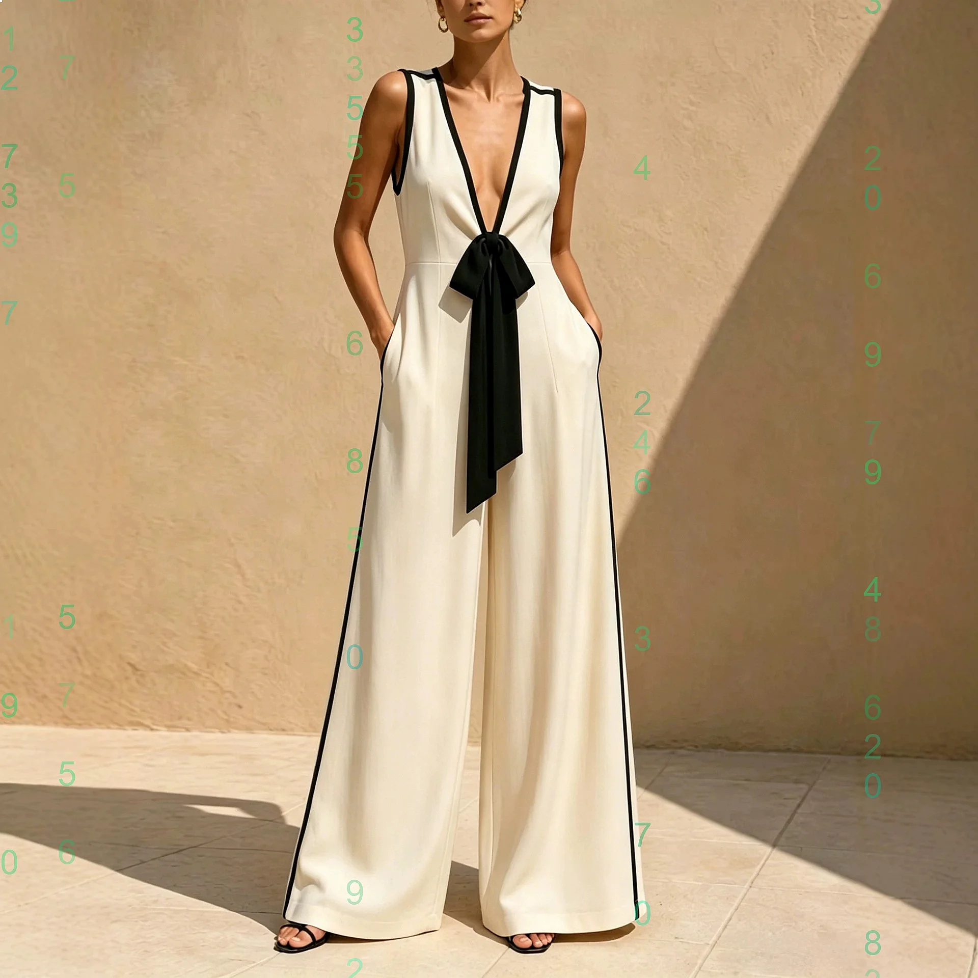 

French Black White Trim Sleeveless Jumpsuit Women Deep V Bow Wide Leg Pants Overall Playsuit