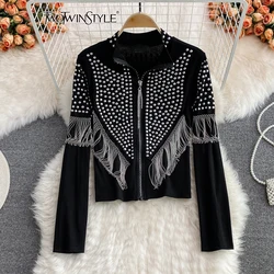 TWOTWINSTYLE Patchwork Tassel Chic Jacket For Women Stand Collar Long Sleeve Spliced Zipper Slimming Coats Female New KJA513342