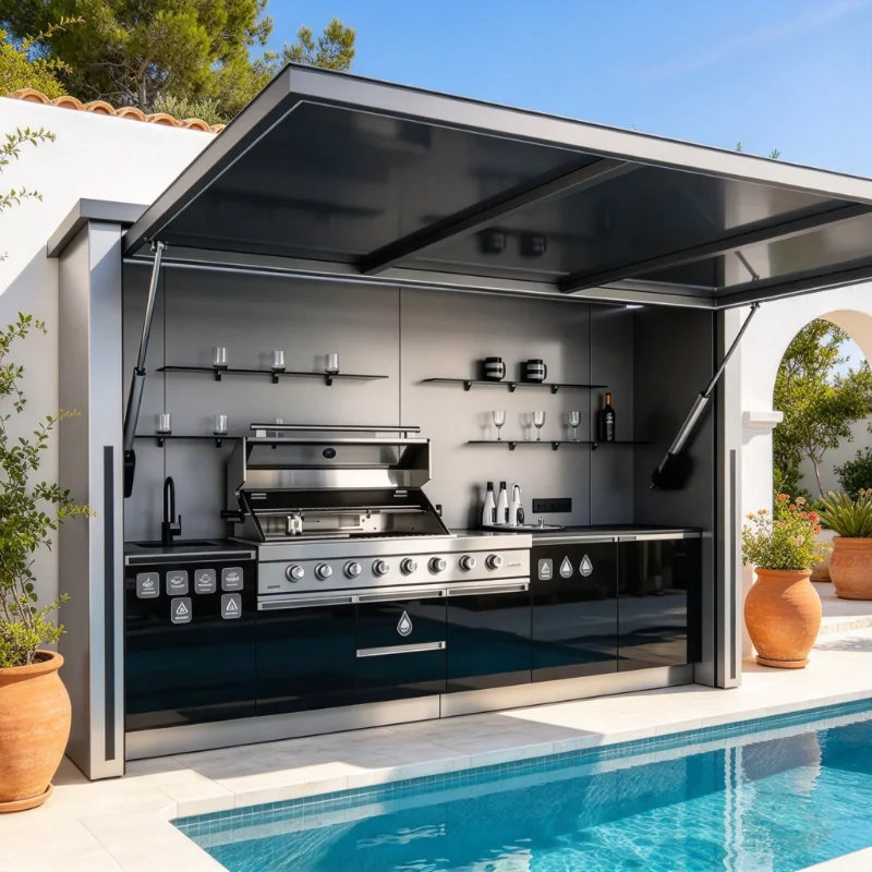 Luxury Stylish Weatherproof Outdoor Kitchen Shelter Custom Built In BBQ And Bar For Garden Leisure Cooking Space