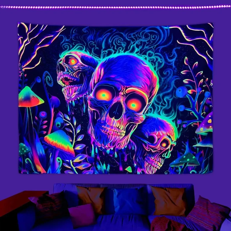 Skull Flower UV Fluorescent Tapestry Needs UV Illumination Aesthetic Decorative Wall Hanging for Bedroom