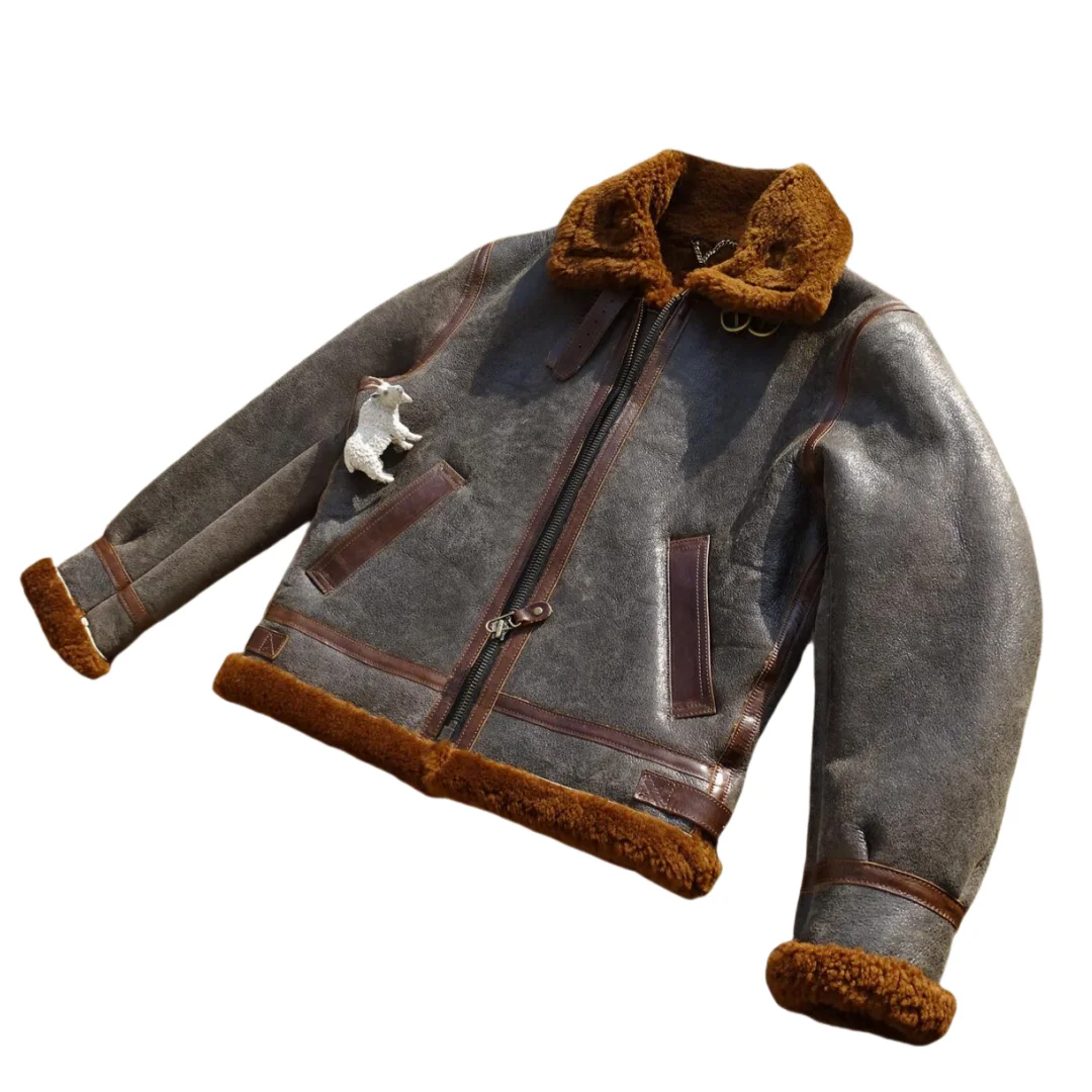 Dark Brown Winter Shearling Jacket Men Military Style Plus Size 4XL Genuine Natural Sheepskin Thick Warm Bomber Coat