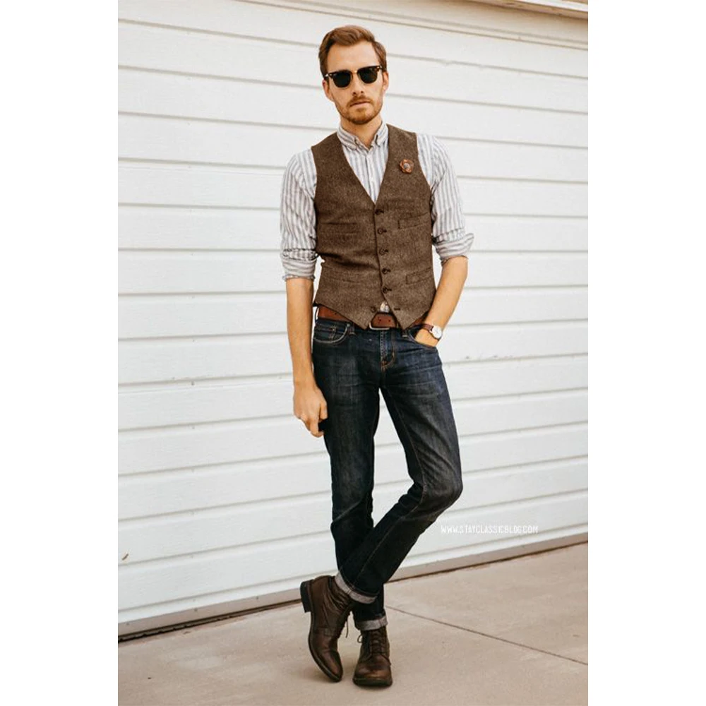 

Man Vintage Vest Suit for Wedding Groomsman Vests Single Breasted Retro Sleeveless Jacket Elegant Herringbone Tweed Waistcoat