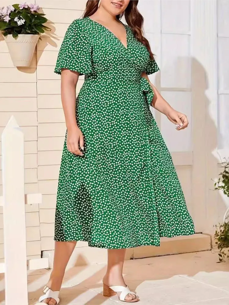 Plus Size Flower Floral Print Summer V-Neck Midi Dress Women Loose Ruffle Pleated Modis Ladies Dresses Short Sleeve Woman Dress