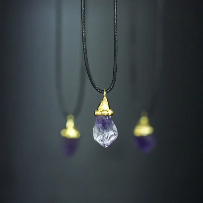 1Pcs Amethyst Leather Rope Free Form Crystal Pillar Point Necklace Soldered Handmade Gold Color  20inch Jewelry