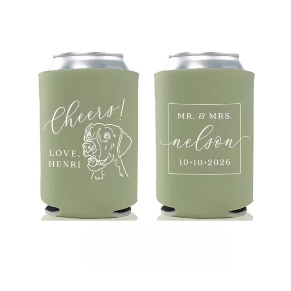 Custom Wedding Can Cooler, Custom Pet Illustration, Cheers, Beverage Holder, Wedding Favor, Beer Huggers, Can Insulaton