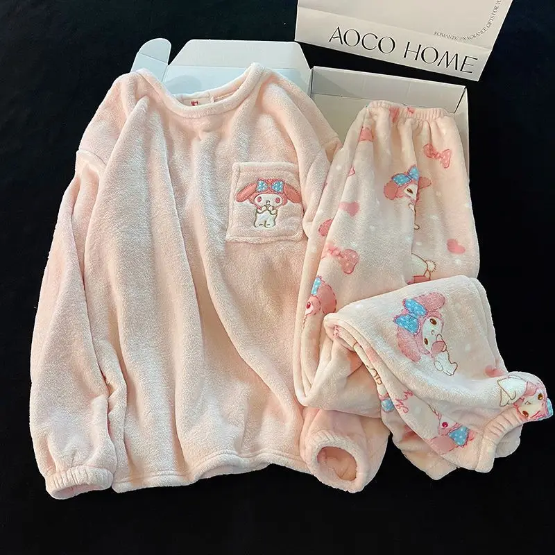 بيجامة ماي ميلودي الوردية للفتيات سميكة للخريف والشتاء بلوفر مخملي مرجاني من الفلانيل ملابس منزلية يمكن ارتداؤها في الخارج #3