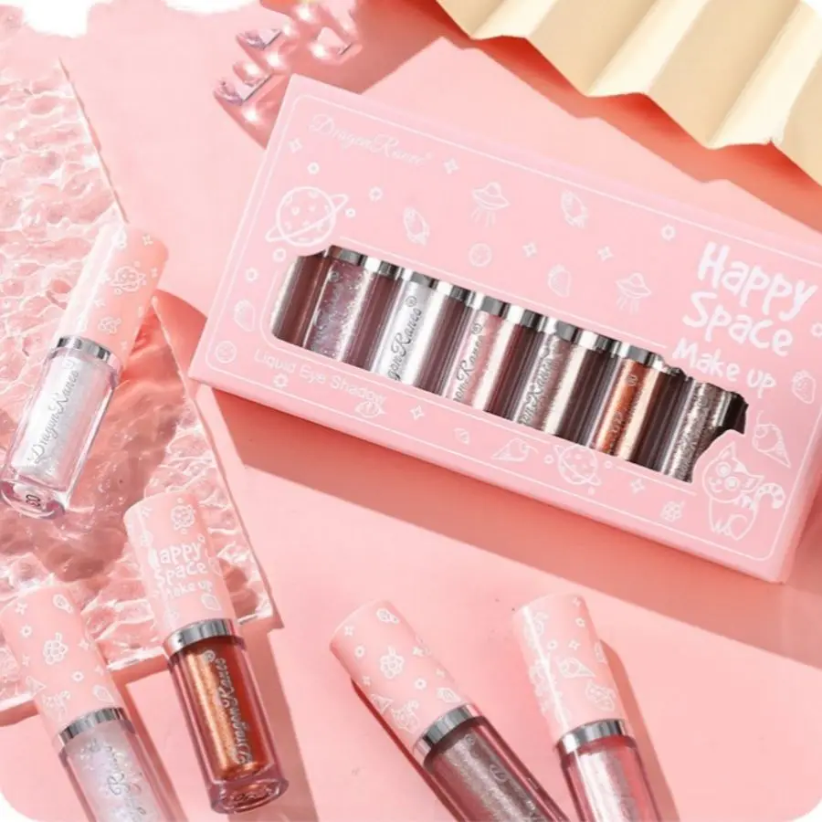 Liquid Eyeshadow Eight-Piece Set Box with Dazzling Shimmer, Fine Glitter, Bright Crystal Pearl Shimmer, High-Gloss Highlighter, Brightening and