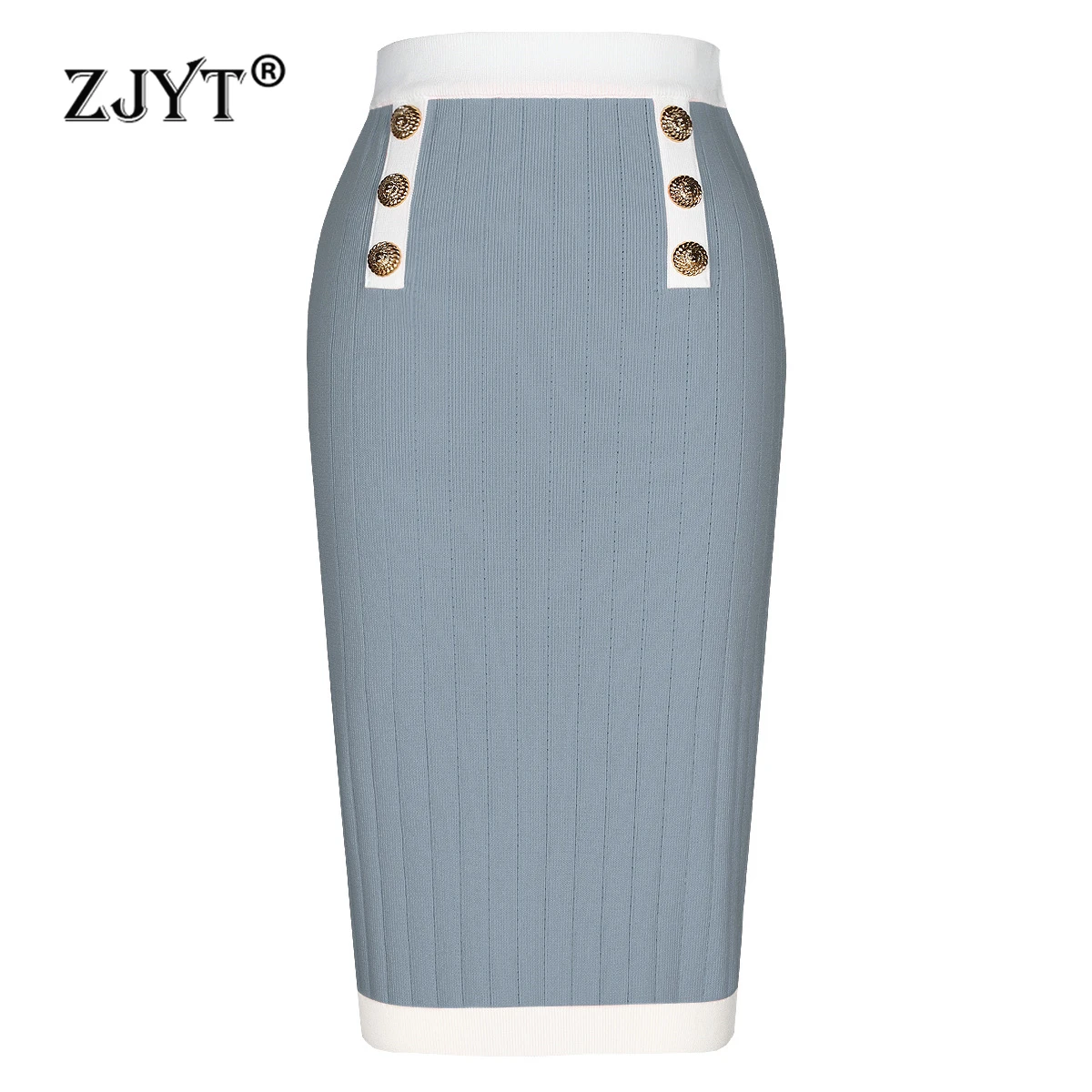 ZJYT Elegant Lady Straight Midi Knitting Skirts for Women Spring 2025 Fashion Color Block Party Skirt Blue Female Faldas