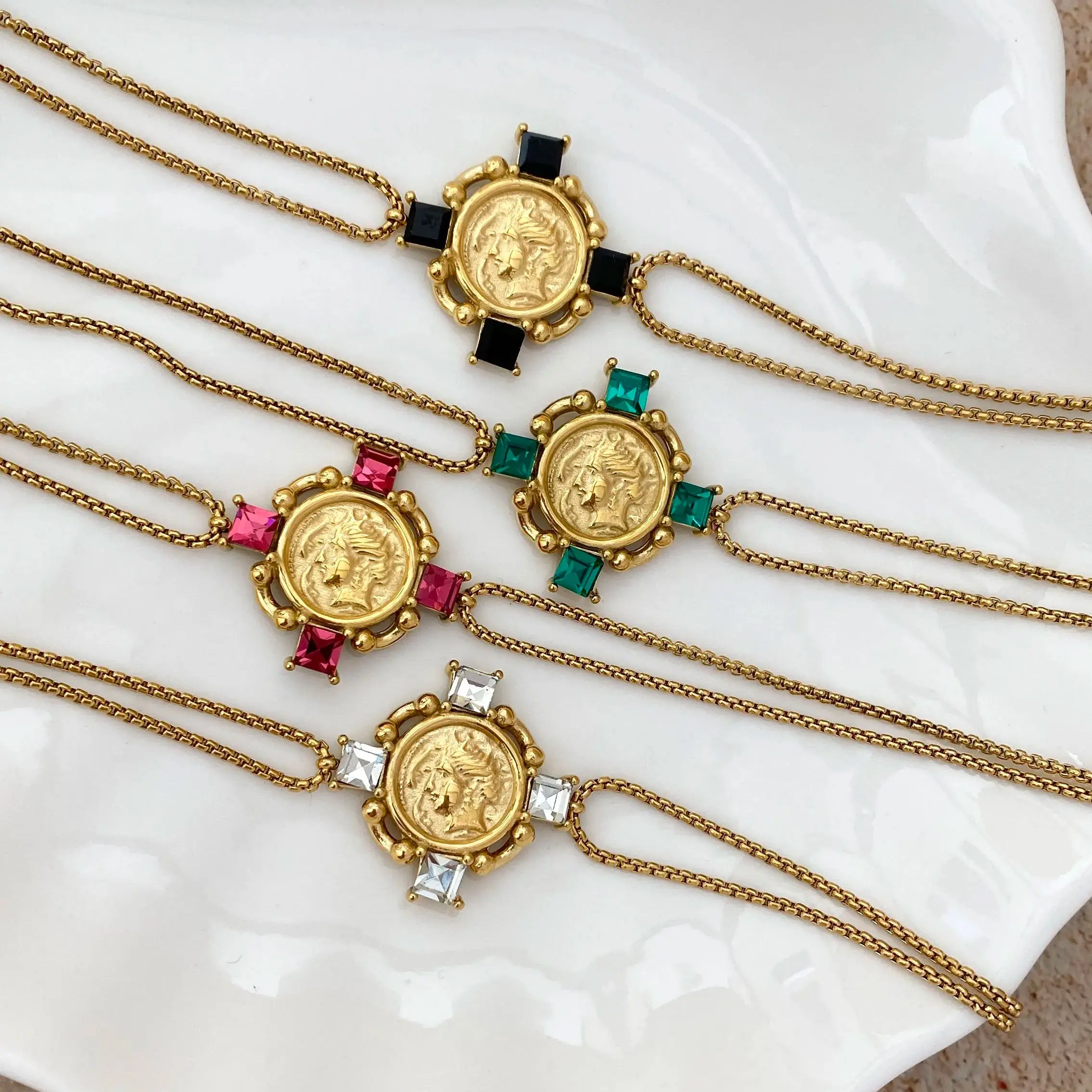 

CARLIDANA Summer Etruscan Style New Pvd Gold Plated Stainless Steel Boho Zircon Cross Pendant Box Chain Bracelet for Women