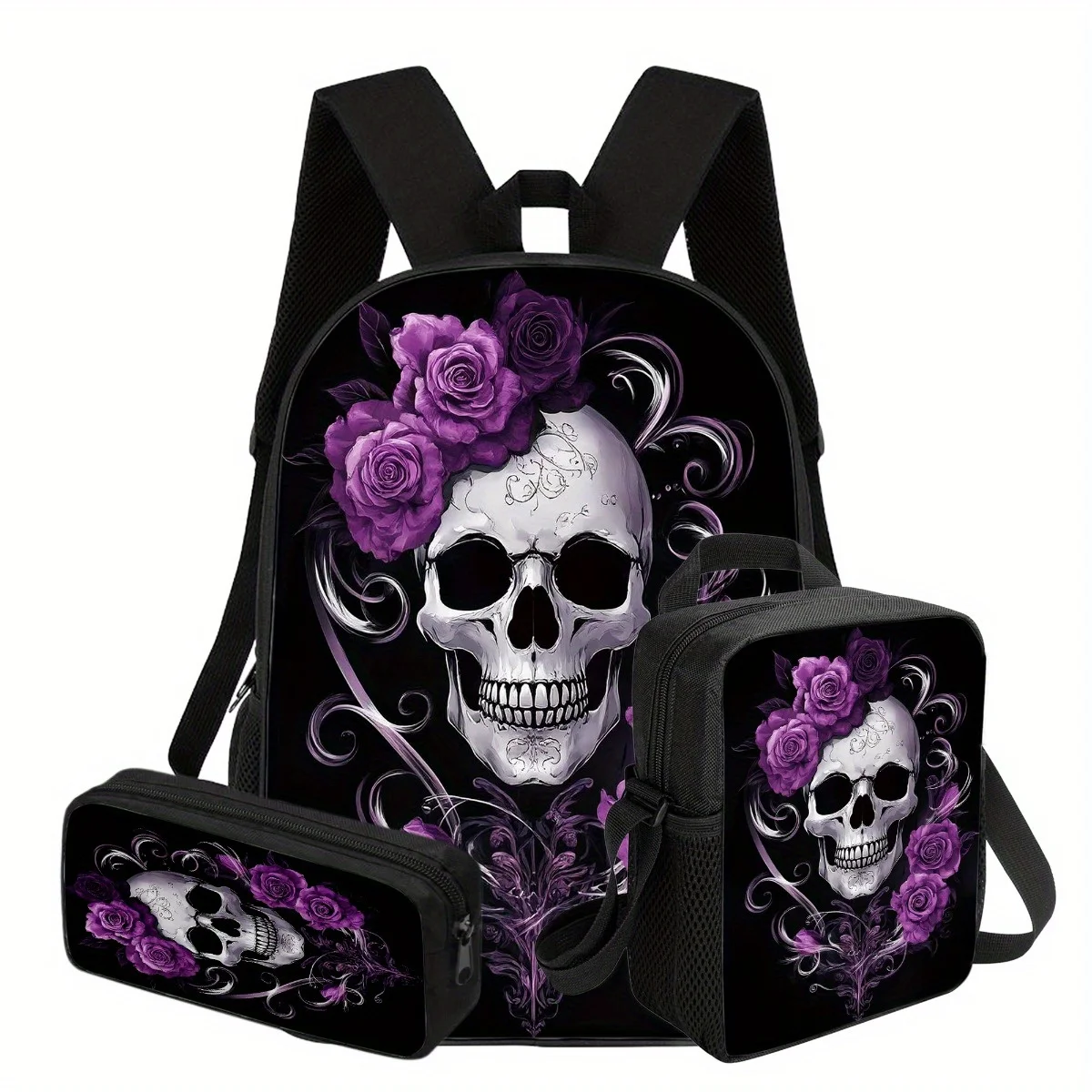 3pcs Backpack Set with Flowers Skull Design Durable Large-Capacity Bookpack Insulated Lunch Bag Multi-Functional Pencil Case