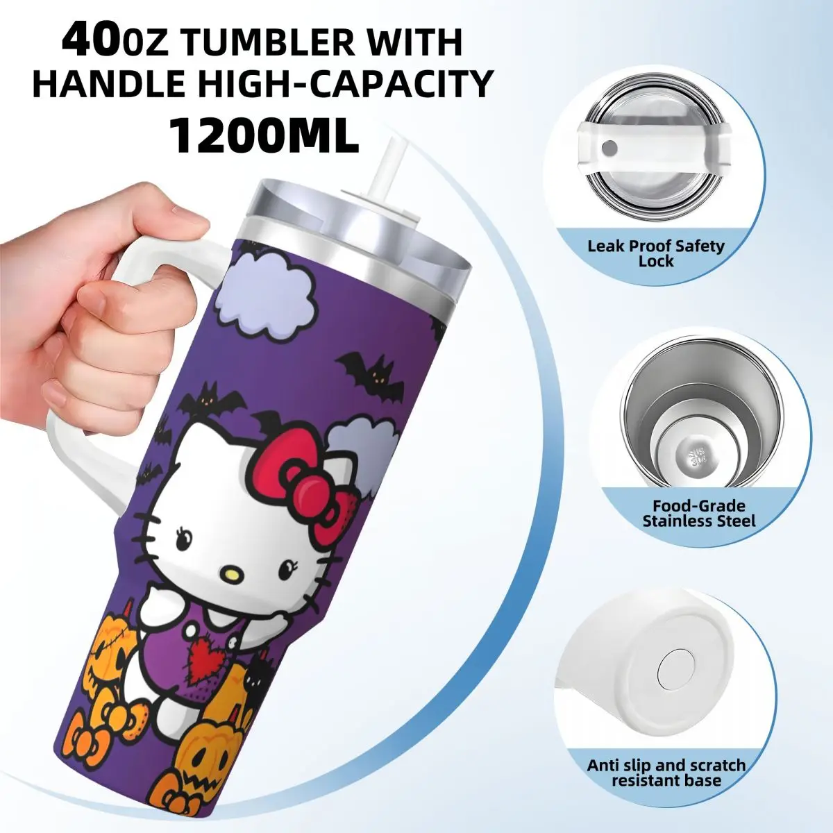 Stainless Steel Tumbler Hello Kitty Halloween Mugs Cup With Straws Driving Hot Drinks Water Bottle Portable 40oz Thermal Cups