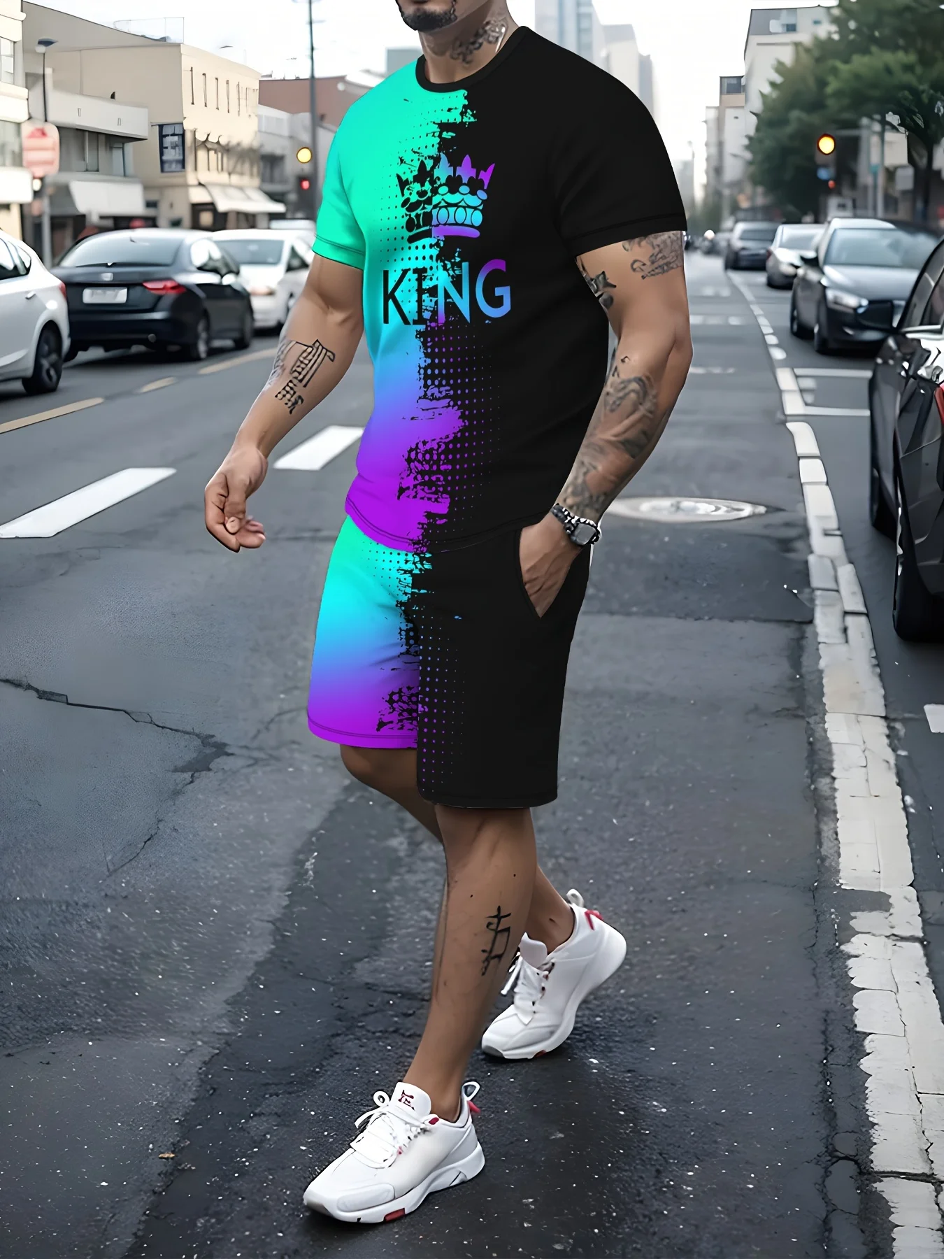 2025 Men's Fashion 3D Printed Sports Suit Round Neck T-shirt Shorts Two-piece Set Personalized Streetwear Summer New Product