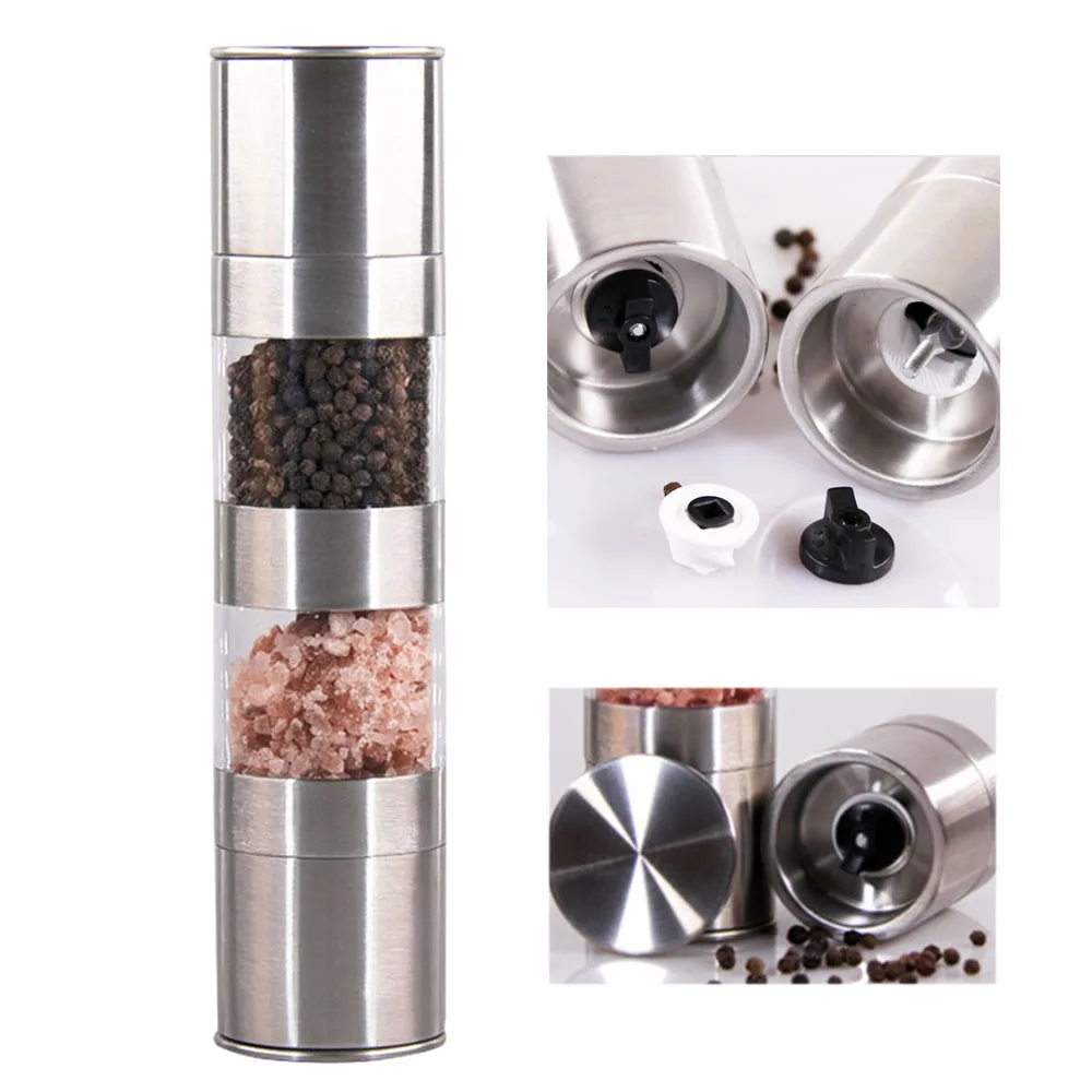 

2-in-1 Pepper Grinder Mill Seasoning Storage Bottle Stainless Steel Grinding Bottle with 2 Strong Adjustable Compartments