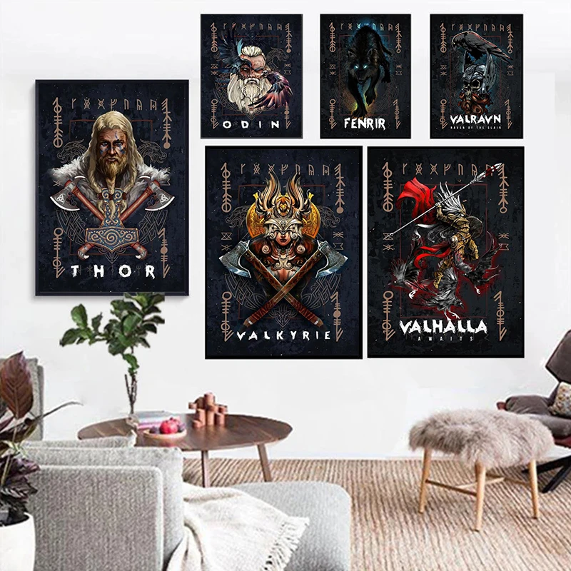 Norse Mythology Asgard God White Kraft Paper Wall Art Odin Thor Black Posters And Prints For Living Room Unique Home Decor Gift