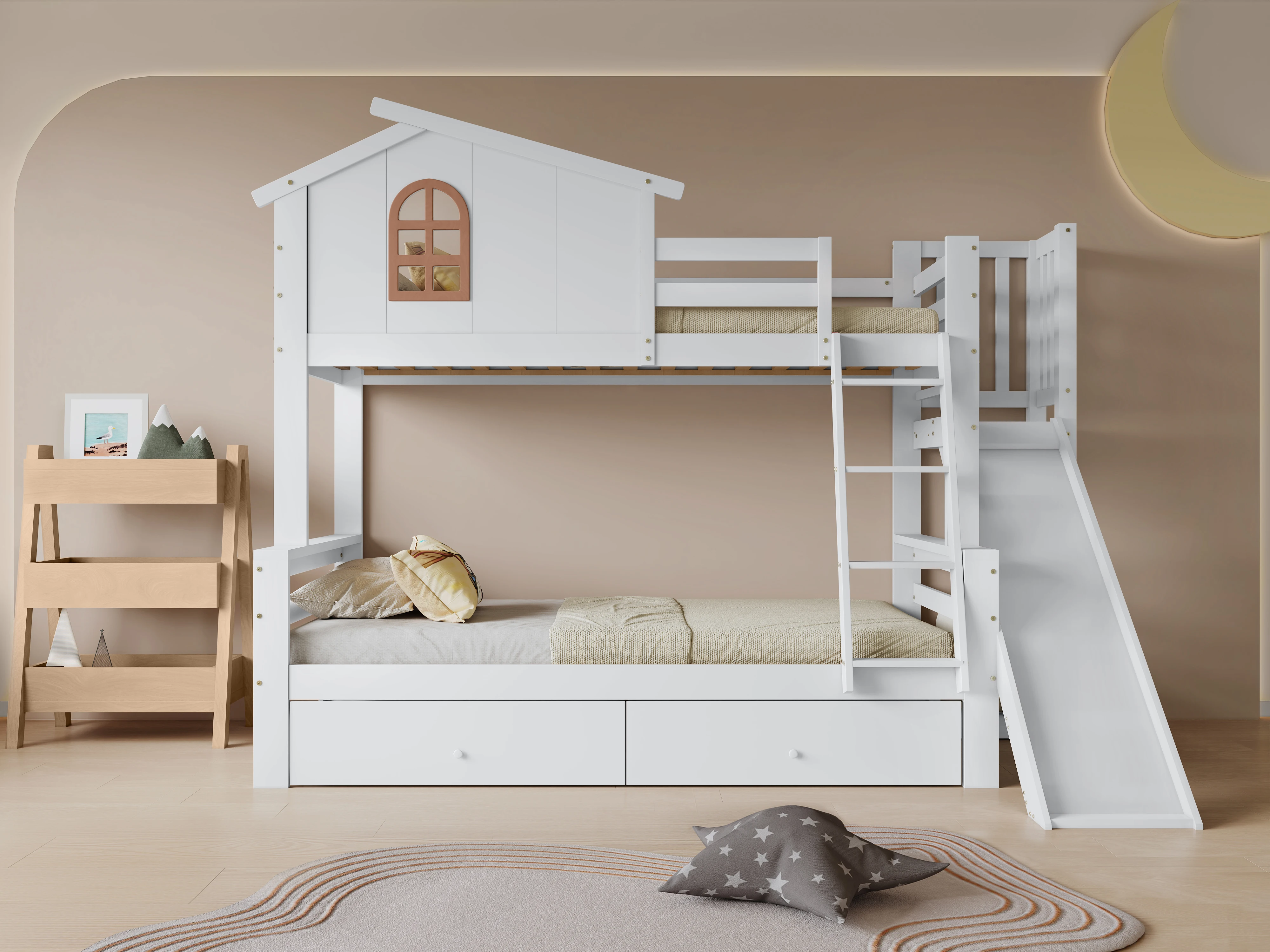 PINGGO Weißes Etagenbett Mutter-Kind-Bett Charakteristische Fenster 4-Stufige Rutsche 2 Schubladen Massivholzrahmen Ohne Matratze – Detail 1