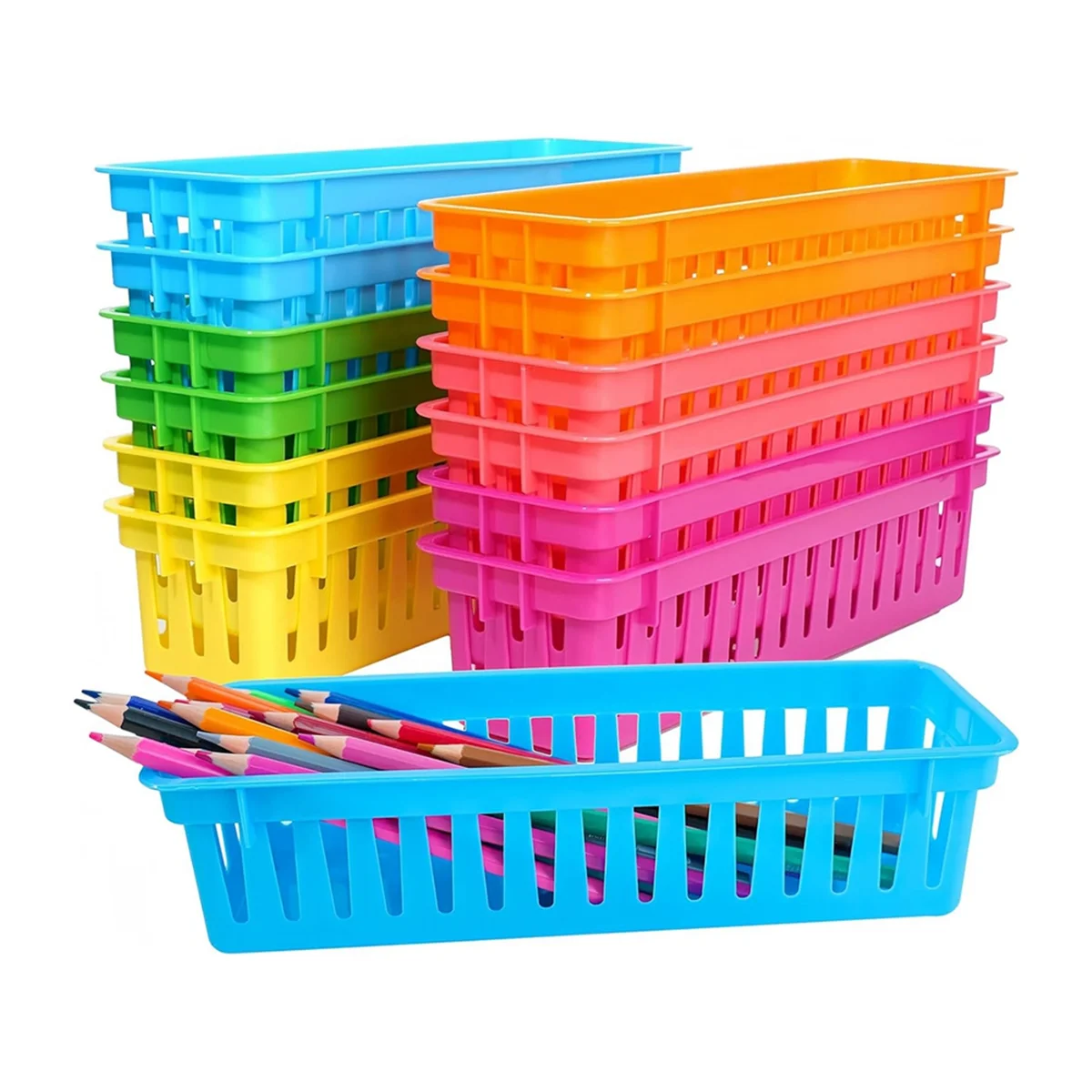 12 Pack Pencil Organizer Basket Trays, Rainbow Colors Desk Storage for Kids, Classroom Supply Holders for School