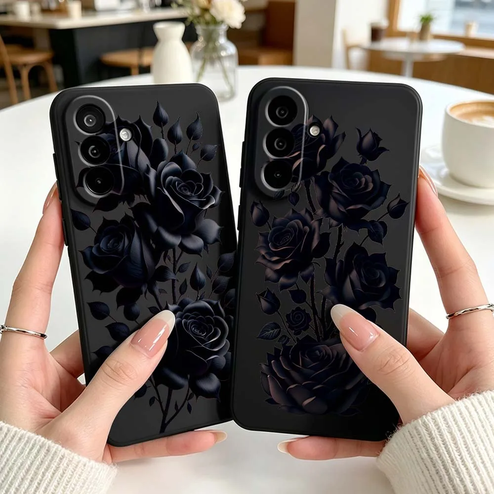 Luxury Black Rose Pattern Phone Case For Samsung Galaxy A71 A56 A55 A54 A53 A51 A50 A41 A16 A06 A05 Black Silicone Cover