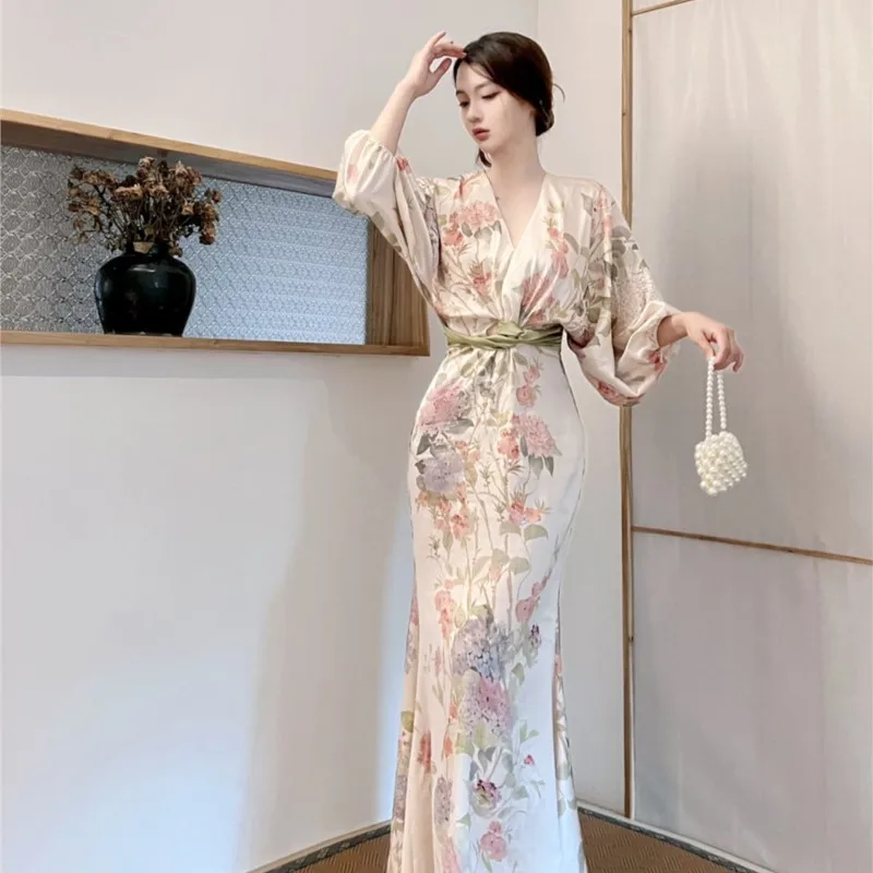 Classical Elegance Retro Ink Painting Floral Tight Waist Dress Seaside Long Sleeve