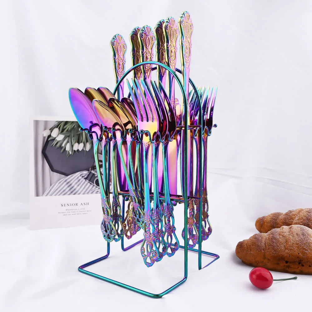 Rainbow Western Dinnerware Stainless Steel Cutlery Set Gold Knife Fork Coffee Spoon Tableware Set With Luxury Storage Rack