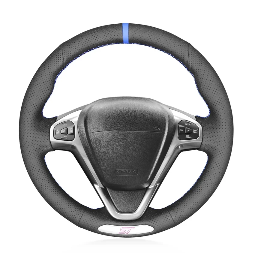 Black Artificial Leather Hand-stitched Car Steering Wheel Cover for Ford Fiesta ST 2012 2013 2014 2015 2016 2017 2018