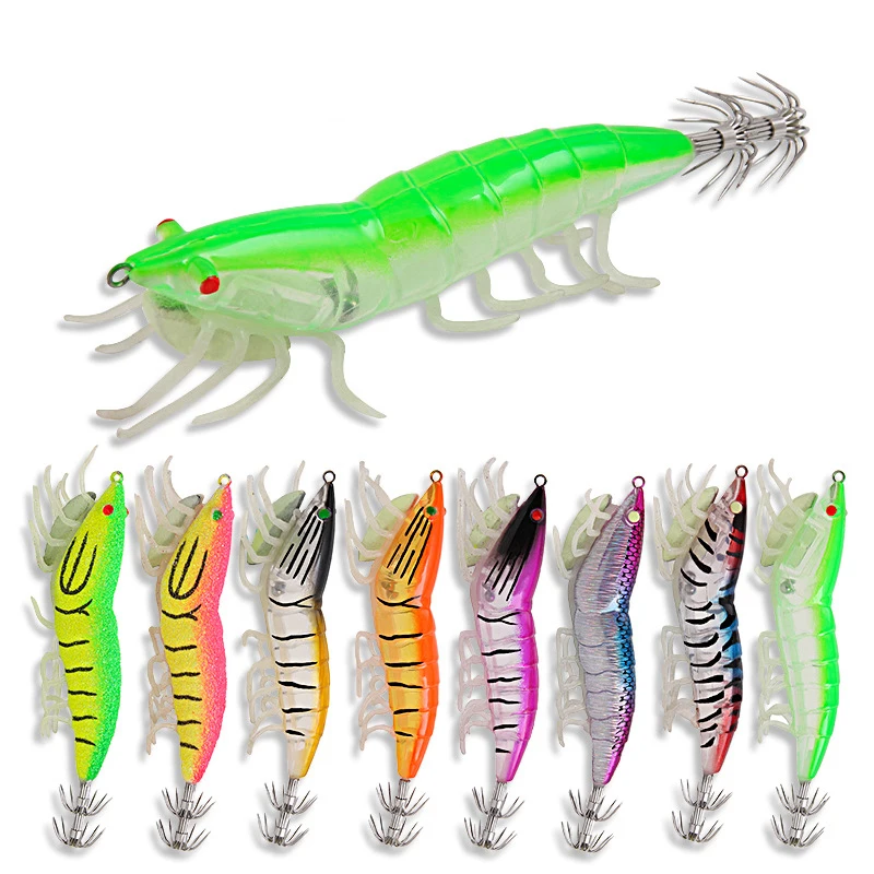 

4Pcs 11.7cm/20.5g Luminous Wooden Shrimp Squid Fish Hook Noise Simulated Shrimp Bait Sea Fishing Bait Fluorescent Full Layer