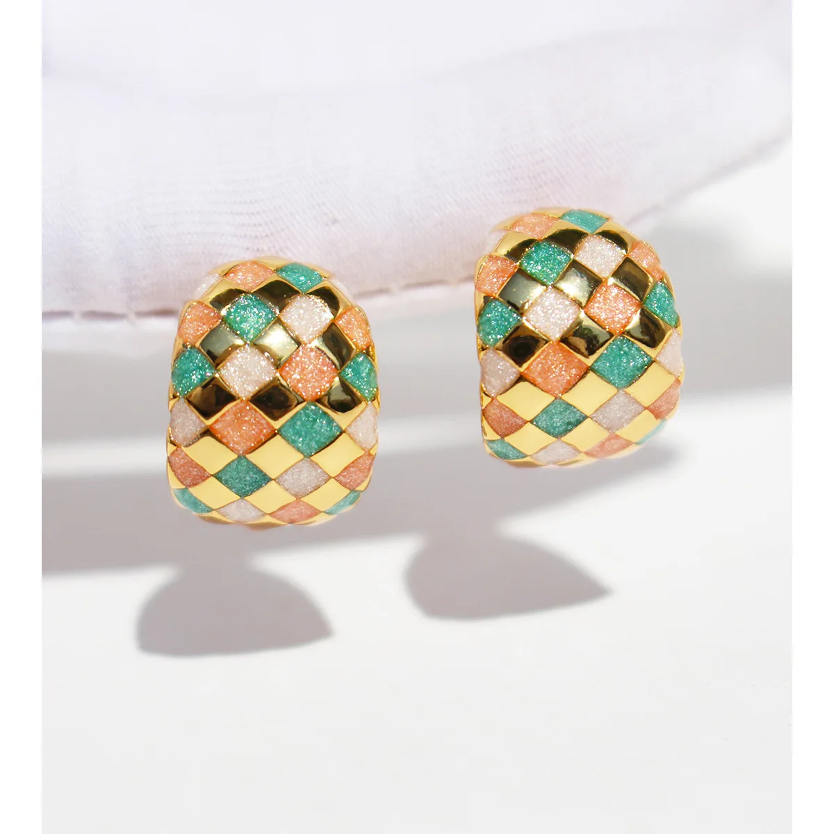 Vintage Checkerboard Enamel Earrings for Women, Colorful Gold Plated Huggie Earrings Jewelry, Fashion Party Gift