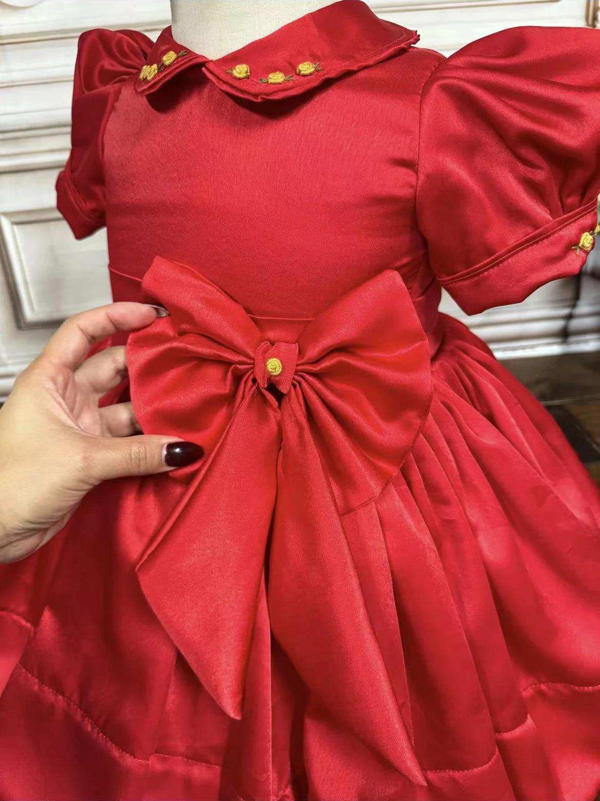 Summer Baby Girl Cute Handmade Embroidered Yellow Flower Red Dress With Bow for Casual Party Birthday Wedding Photography