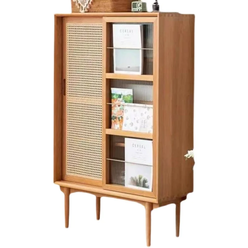 Nordic Solid Wood Rattan Bookcase Magazine Cabinet Japanese Locker Locker Living Room Glass Door Bookshelf Sofa Side Cabinet