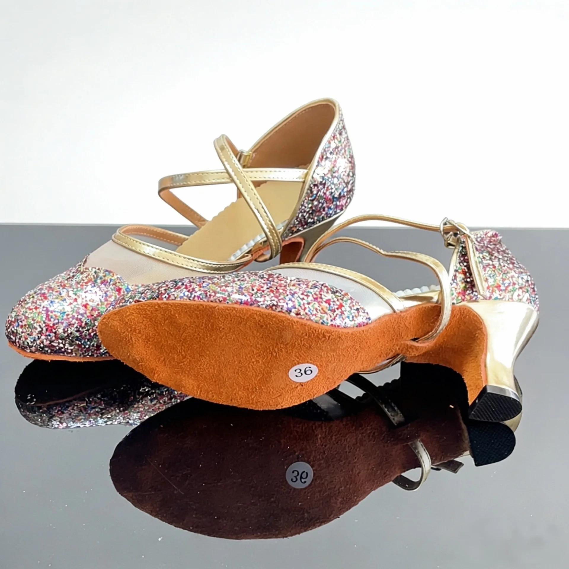 Sequins Latin Dance Shoes New Ballroom Adult Women's Modern Dance Shoes Medium High Heel Soft Sole National Standard Dance Shoes