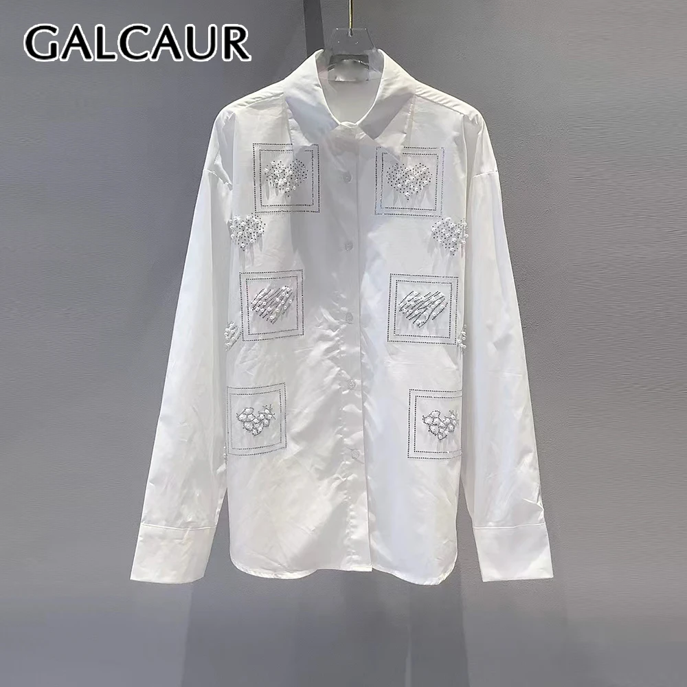 

GALCAUR Solid Spliced Pearl Basics Shirt Female Lapel Long Sleeve Loose Design Women's Shirts Summer Style Fashion New Clothes