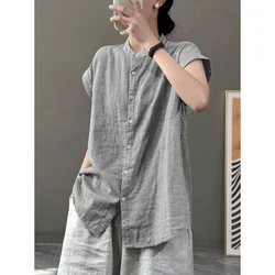 Cotton Linen Shirts for Women Vintage O-neck Short Sleeve Solid Casual Korean Style Single Breasted One-piece Blouse Women Tops