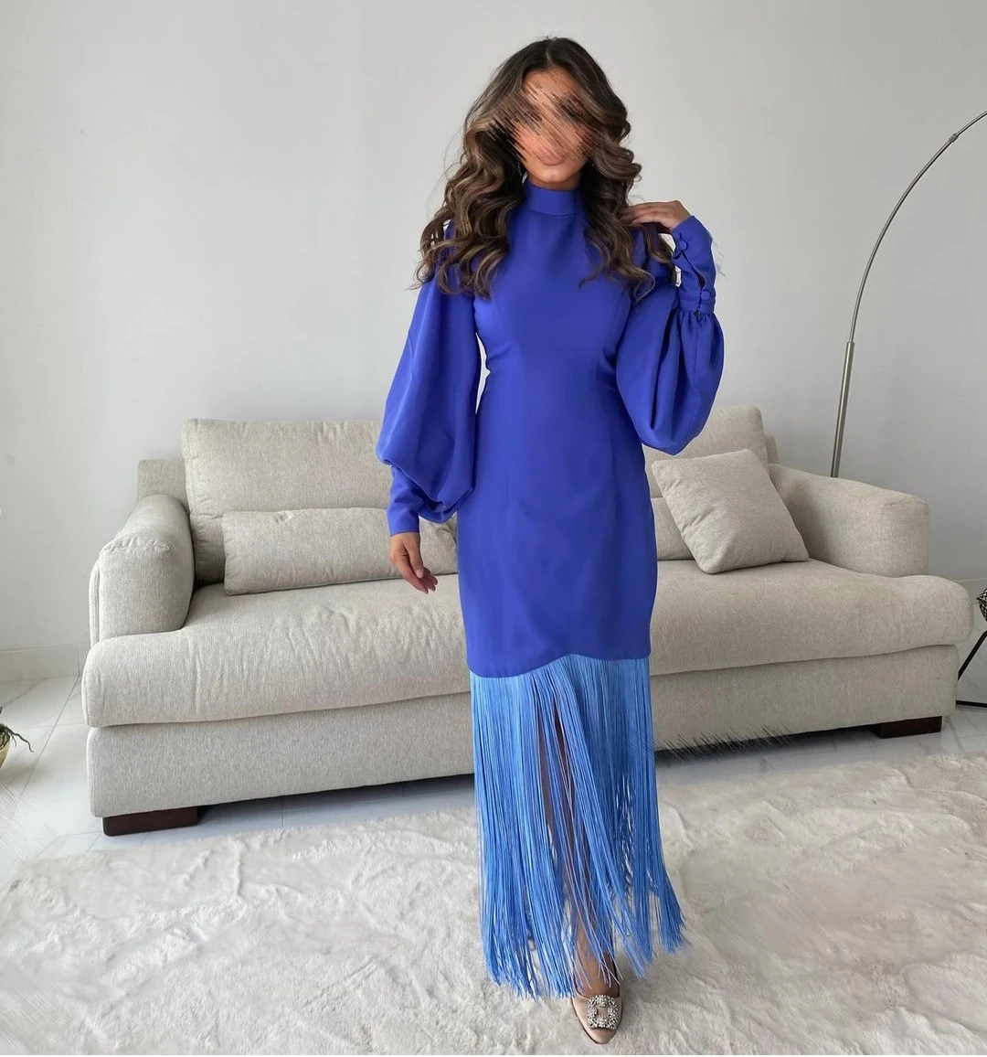 AsaNagi Blue Tassel Evening Dresses Women High-Neck Ankle-Length Elegant Prom Party Gown 2023 Saudi Arabic فساتين السهرة