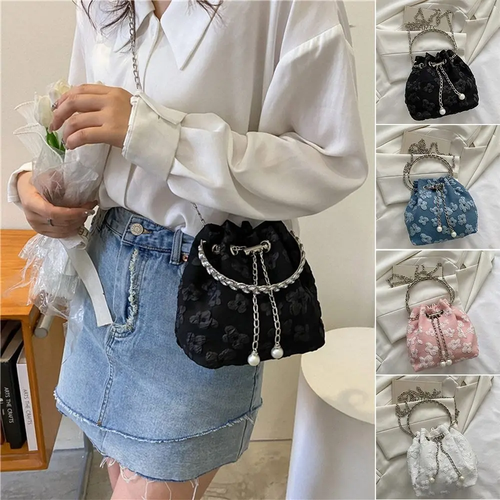 Fashion Shoulder Bags Fashion Circle Handheld Chain Drawstring Bucket Bag Pleated Floral Design Exquisite Crossbody Bag Ladies