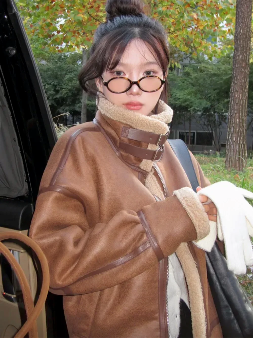 Korean Sle Warm Retro Biker Sle Fur Leather Jaet Stand Collar All-Match ort Coat for Women Winter Season Zipper Closure