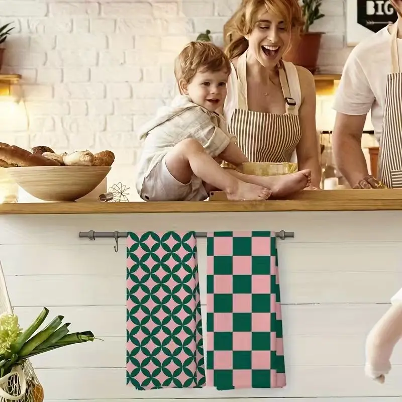 2Pcs, Pink and Green Contrasting Geometric Double-Patterned Kitchen Towels, 40Cm*60Cm Towel Set, Super Absorbent Soft Cleaning Cloth, Cooking and Baking Tea Towel, Hand Towel, Cleaning Cloth, Dishcloth, Kitchen Decoration, Living Room Decoration, Kitchen Essentials, Home Essentials