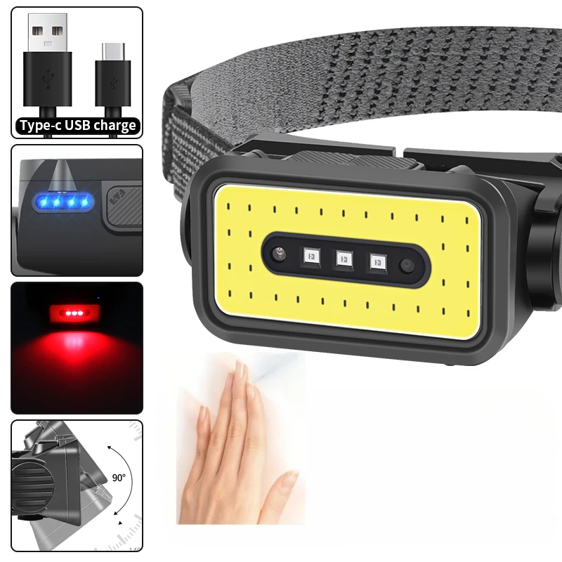 Smart Motion Sensor COB LED Headlamp 5 Lighting Modes USB Rechargeable Headlight Outdoor Waterproof Head Lamp Head Flashlight