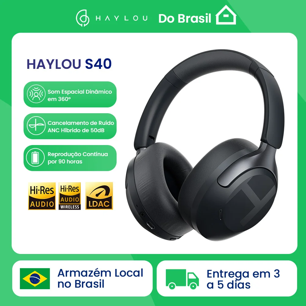 Fone de Ouvido Sem Fio HAYLOU S40 ANC com Cancelamento de Ruído de 50dB, Áudio Espacial 3D de Alta Resolução, Fone de Ouvido Bluetooth 6.0 Over Ear