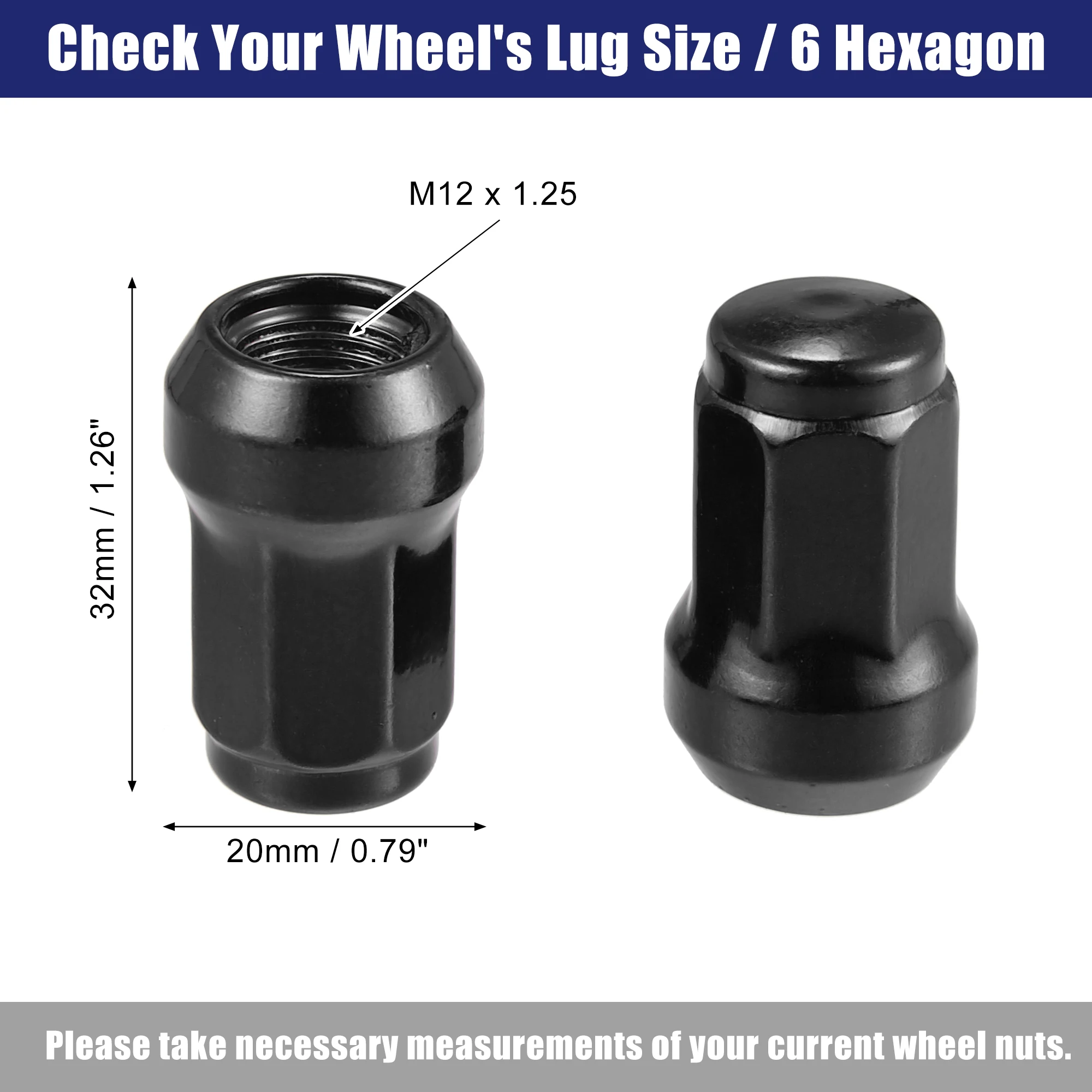 UXCELL Wheel Lug Nut Cone Seat 32mm Screw with Socket Key Black 1 Set M12x1.25 Heptagon Lugnuts